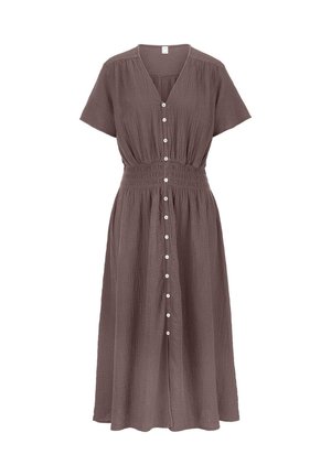 Bruine midi-jurk met korte mouwen, V-hals, knopen aan de voorkant en een geplooide taille, gemaakt van lichtgewicht textuurstof.