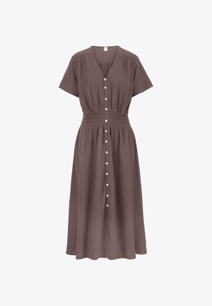 Braunes Midi-Kleid mit kurzen Ärmeln, V-Ausschnitt, vorderen Knöpfen und geraffter Taille aus strukturiertem, leichtem Stoff.