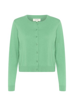 Cardigan green in maglia con scollatura rotonda, maniche lunghe e chiusura a bottoni davanti. Tessuto morbido e design corto.
