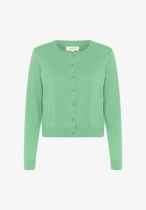 Grüner gestrickter Cardigan mit rundem Halsausschnitt, langen Ärmeln und Knopfverschluss auf der Vorderseite. Weiche Textur und cropped Design.