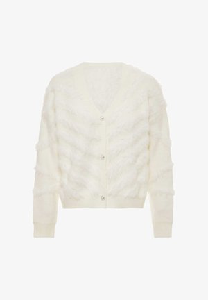 Witte fuzzy cardigan met lange mouwen, V-hals, geribbelde manchetten en zoom, en drie parelachtige knopen aan de voorkant.