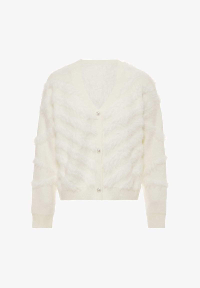 Cardigan alb pufos cu mâneci lungi, decolteu în V, manșete și tiv împăturit și trei nasturi asemănători cu perlele pe partea din față.