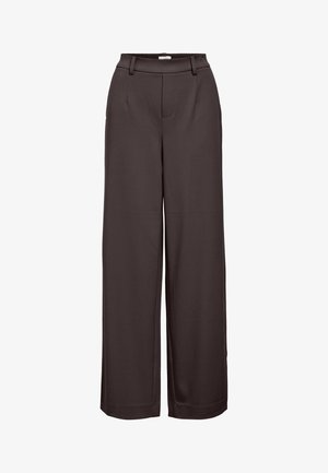 Pantaloni a gamba larga in tessuto marrone scuro, con un design sartoriale, passanti per la cintura e tasche anteriori, caratterizzati da una texture liscia e linee pulite.