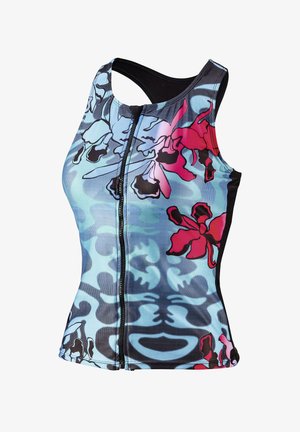 Sportieve tanktop met bloemenprint, met een rits aan de voorkant, gemaakt van lichtblauwe stof met rode en zwarte bloemenprints en een getailleerde pasvorm.