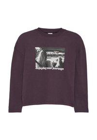 Paarse sweatshirt met lange mouwen van katoen en een comfortabele pasvorm. Heeft een zwart-wit grafische print en de tekst "genieten van nieuwe avonturen."