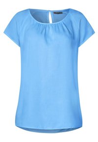 Lichtblauw kort mouw blouse met een ronde halslijn, geplooide details en een kleine sleutelgatopening aan de achterkant. Glad stoftextuur.