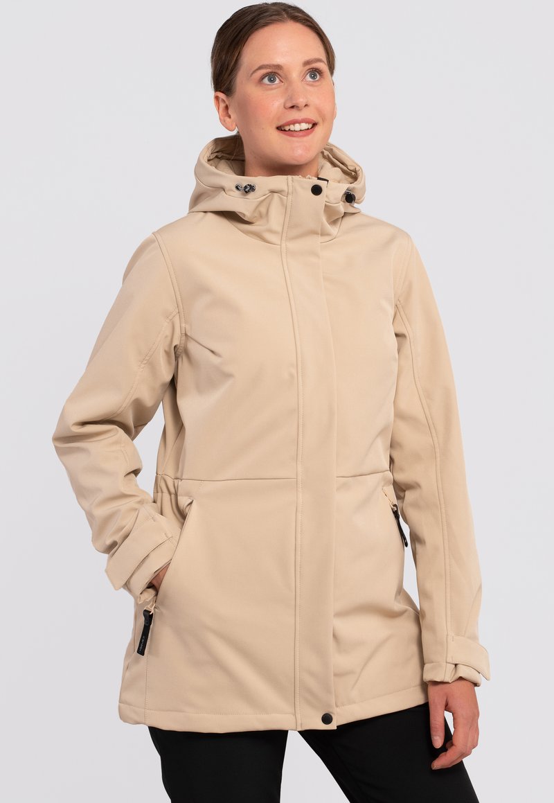 Beige softshell-jacka med dragkedja och tryckknappar, justerbar huva och sidofickor. Har en slät yta och en avslappnad passform.