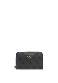 Portafoglio Guess nero realizzato in materiale sintetico testurizzato. Caratterizzato da un logo triangolare, chiusura con zip e un motivo impresso su tutta la superficie.