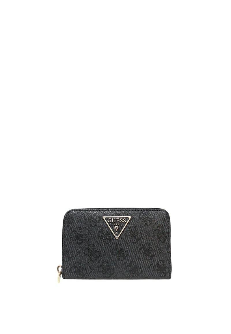 Portafoglio Guess nero realizzato in materiale sintetico testurizzato. Caratterizzato da un logo triangolare, chiusura con zip e un motivo impresso su tutta la superficie.