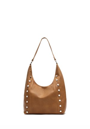 Brown leather shoulder bag with silver round studs arranged in two vertical lines on front sides and a single strap handle.