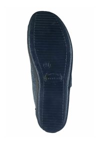 Navy blue shoe sole made of rubber, featuring a textured grip pattern with ridges and a rounded heel. Includes embossed logo details.