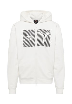 White zip-up hoodie with a large graphic design on the front featuring diagonal stripes and stylized text. Soft, sweatshirt material.