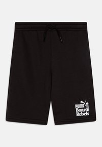 Shorts en coton noirs avec taille élastique et cordon de serrage ajustable. Présente le logo blanc "PUMA Board Rebels" en bas à gauche.