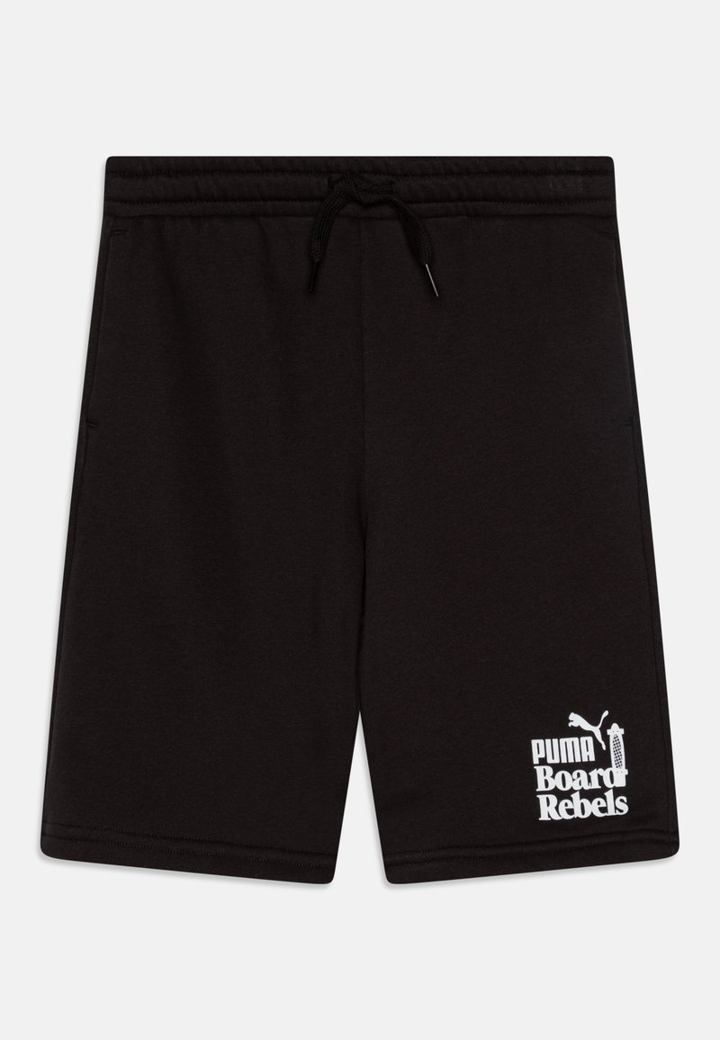 Shorts en coton noirs avec taille élastique et cordon de serrage ajustable. Présente le logo blanc "PUMA Board Rebels" en bas à gauche.