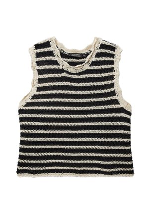 Débardeur en tricot noir et beige à rayures, avec un col en forme de vagues et des bords bruts, présentant un tissage lâche et texturé.