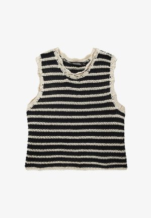 Débardeur en tricot noir et beige à rayures, avec un col en forme de vagues et des bords bruts, présentant un tissage lâche et texturé.