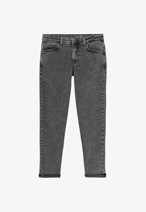 Jean en denim gris foncé avec une coupe slim, doté de poches standard, d'une braguette à boutons et de revers roulés au niveau de la cheville. Étiquette de la marque : Lucien.