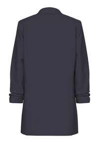 Manteau long bleu marine à coupe décontractée, avec col à revers et manches retroussées, réalisé en tissu lisse sans fermetures visibles.