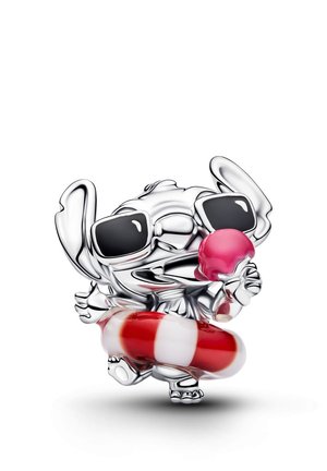 Personaggio dei cartoni animati argento che indossa occhiali da sole neri, tiene un gelato rosa e un anello gonfiabile a righe rosse e bianche.