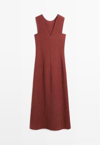 Ärmelloses Midikleid in Rostfarbe mit einer dezenten A-Linien-Silhouette und einem vorderen Reißverschluss, der vom Halsausschnitt bis zur Mitte des Oberkörpers reicht.