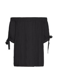 Top nero scollato a spalle scoperte realizzato in tessuto testurizzato. Presenta un design morbido, maniche corte con dettagli annodati e un colletto elastico.