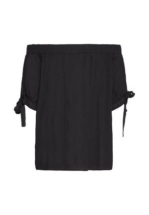 Schwarzes schulterfreies Top aus strukturiertem Stoff. Verfügt über einen lockeren Schnitt, kurze Ärmel mit gebundenen Akzenten und einen elastischen Halsausschnitt.