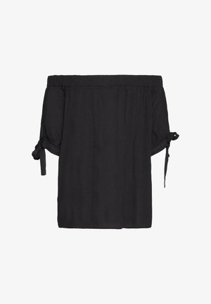 Schwarzes schulterfreies Top aus strukturiertem Stoff. Verfügt über einen lockeren Schnitt, kurze Ärmel mit gebundenen Akzenten und einen elastischen Halsausschnitt.