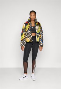Casaco tipo puffer com estampado de borboletas em cores vibrantes, fundo preto. Par de leggings pretas com painéis em rede e riscas brancas, ténis brancos.