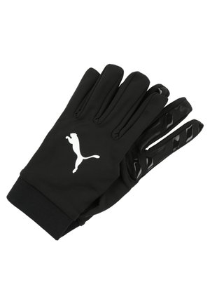 Black gloves made of soft fabric with a white Puma logo. Features textured accents on the fingers for grip. Cuffs are elasticized.