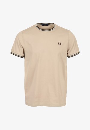 Beige cotton t-shirt with short sleeves, featuring a round neckline lined in dark green and matching green stripes at the sleeve edges.