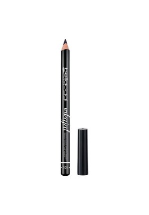 Matita eyeliner nera con punta appuntita e finitura lucida. Presenta il marchio e i dettagli del prodotto in testo bianco. Include un cappuccio nero.