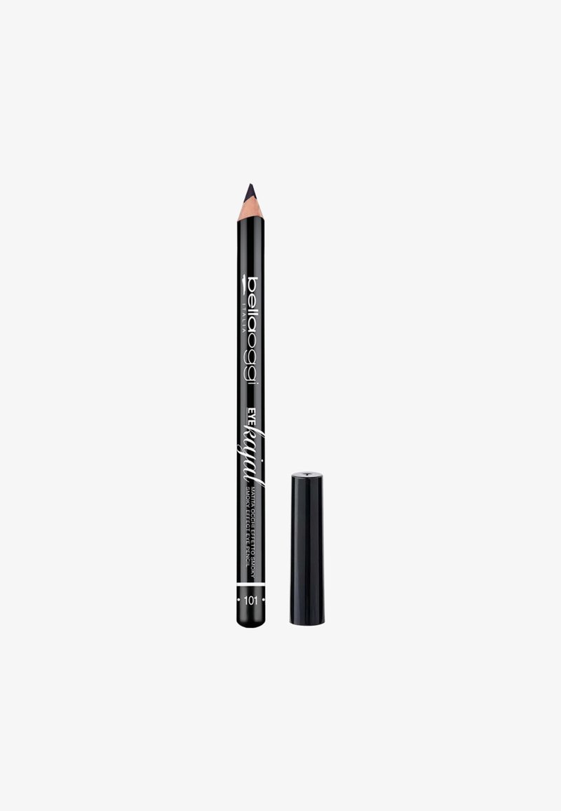 Matita eyeliner nera con punta appuntita e finitura lucida. Presenta il marchio e i dettagli del prodotto in testo bianco. Include un cappuccio nero.