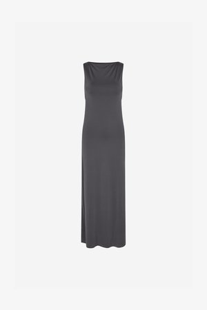 Sleeveless maxi dress in soft, dark gray fabric. Features a scoop neckline and a side slit, with a smooth, flowing silhouette.