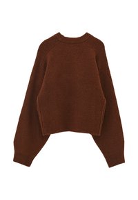 Pullover in Rostfarbe, gestrickt, mit Rundhalsausschnitt, überschnittenen Schultern und kurzem Schnitt. Strukturierter Stoff mit gerippten Details.