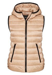 Vadderad ärmlös väst i ljusbeige, med huva, svarta detaljer, framdragkedja och två sidofickor med dragkedjelås.