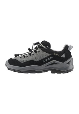 Grauer und schwarzer niedriger Wanderschuh mit GORE-TEX-Tag, Schnellverschluss-System und robustem Profil, seitlich mit Lowa gebrandet.