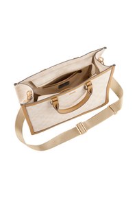 Sac fourre-tout à motif beige avec des accessoires en ton doré, doté d'un intérieur spacieux, de doubles poignées et d'une bandoulière amovible.