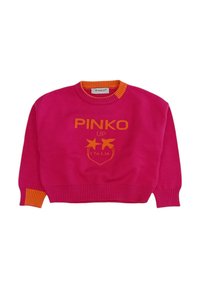Maglione fucsia con colletto e polsini arancioni a coste. Decorato con la scritta "PINKO UP" in carattere giallo brillante e una grafica a stella sulla parte anteriore.
