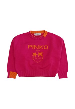 Maglione fucsia con colletto e polsini arancioni a coste. Decorato con la scritta "PINKO UP" in carattere giallo brillante e una grafica a stella sulla parte anteriore.