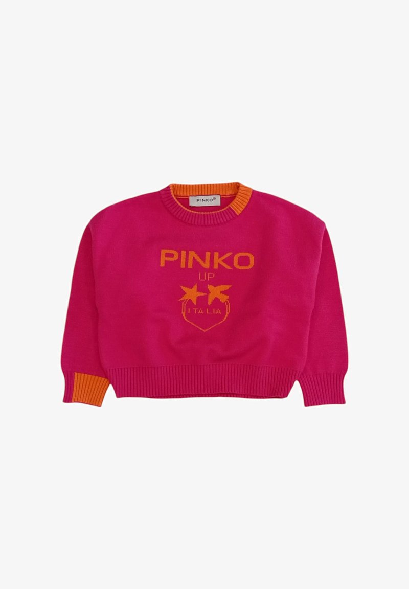Maglione fucsia con colletto e polsini arancioni a coste. Decorato con la scritta "PINKO UP" in carattere giallo brillante e una grafica a stella sulla parte anteriore.