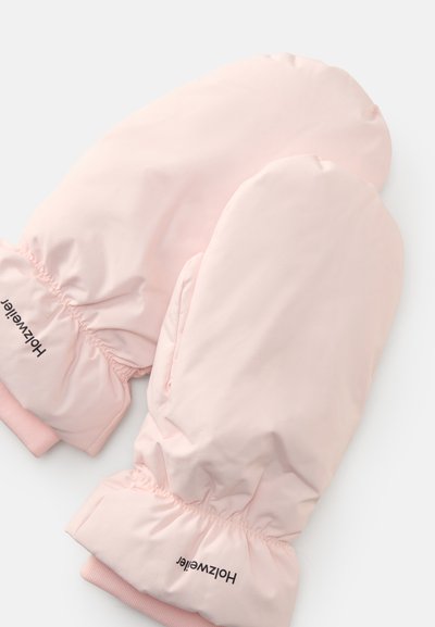 Luvas cor-de-rosa com um tecido exterior liso, punhos elásticos e um logo impresso a preto na área do pulso. Design suave e aconchegante.