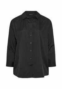 Camicia nera con bottoni caratterizzata da un motivo a pois, maniche lunghe, colletto classico e un fit rilassato con un orlo leggermente curvato.