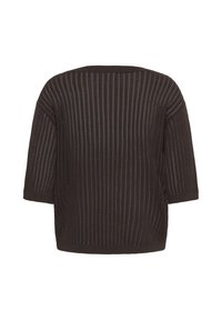 Haut en maille noir à manches courtes présenté de dos, coupe ample et motif de rayures verticales transparentes sur l'ensemble du tissu.