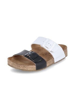 Sandale à bout ouvert avec semelle intérieure en liège, une bride en cuir noire et une blanche réglables avec boucles.