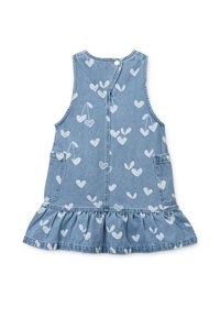 Φόρεμα από τζιν με φαρδύ τελείωμα, σχέδια καρδιές σε λευκό, αμάνικο, με δύο πλαϊνές τσέπες και κουμπιά στο πίσω μέρος.