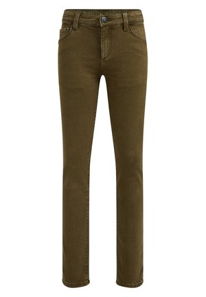 Jeansy z denimu w kolorze oliwkowej zieleni o dopasowanym kroju, z przednimi kieszeniami, zapięciem na guziki oraz przeszyciami wzdłuż szwów.