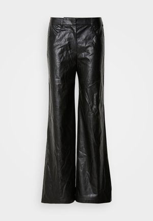 Black leather wide-leg trousers with a smooth texture, featuring a classic waistband and side pockets. The design is unembellished and sleek.