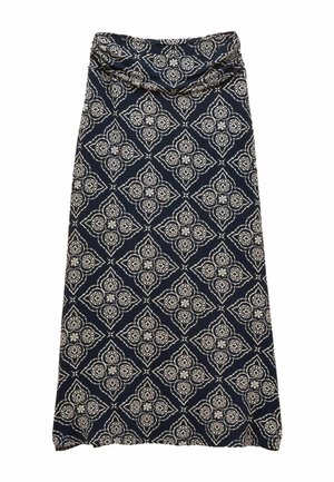 Navy blue long skirt with white intricate floral diamond pattern and a gathered waistband.
