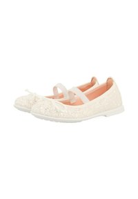 Bailarinas en rosa pálido, adornadas con lentejuelas. Cuentan con una punta suave y redondeada, diseño de doble correa y suela de goma blanca.