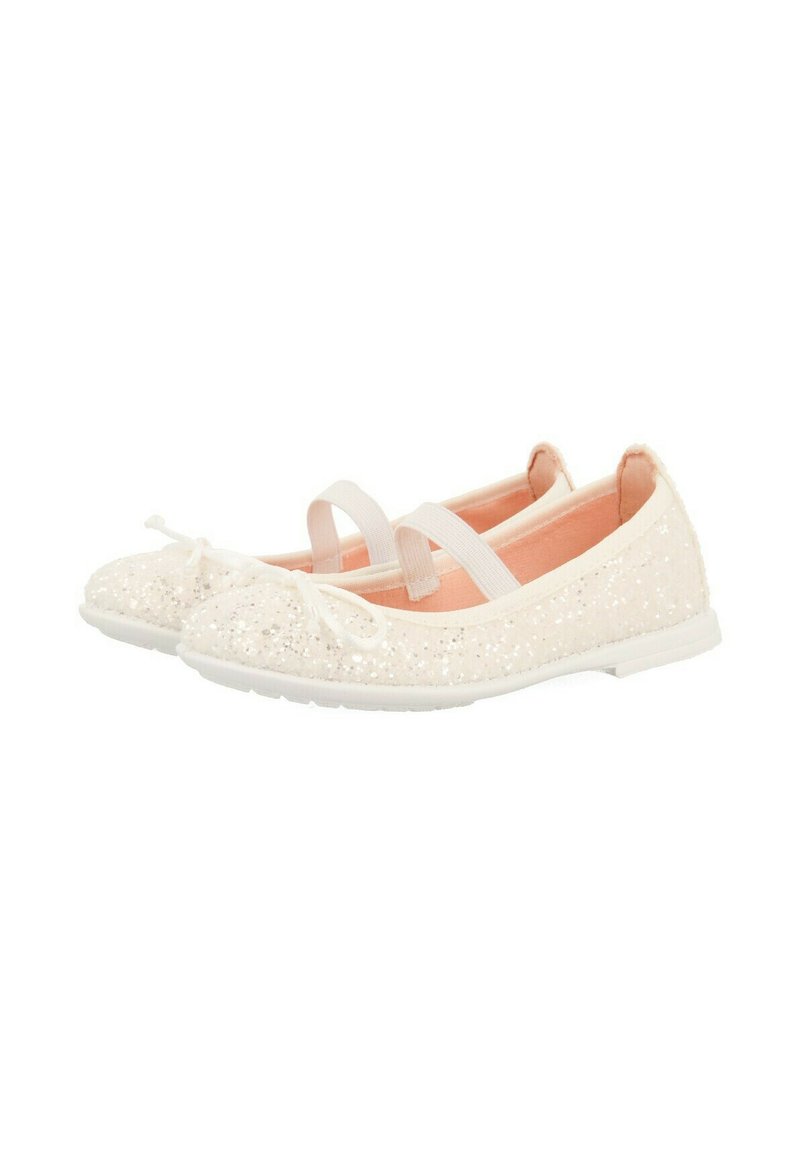 Bailarinas en rosa pálido, adornadas con lentejuelas. Cuentan con una punta suave y redondeada, diseño de doble correa y suela de goma blanca.